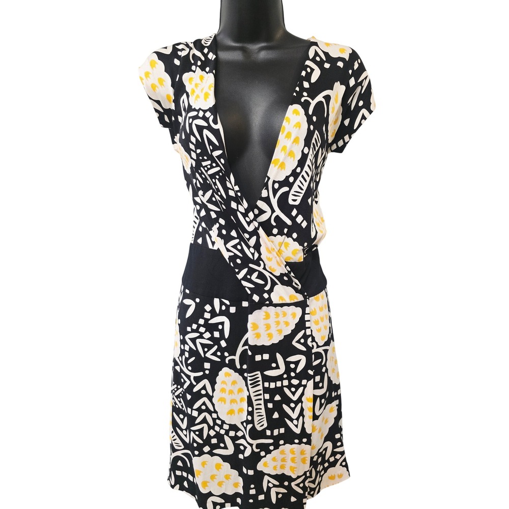 Diane von Furstenberg DVF Black Yellow Abstract Print Faux Wrap Dress Size‎ 2